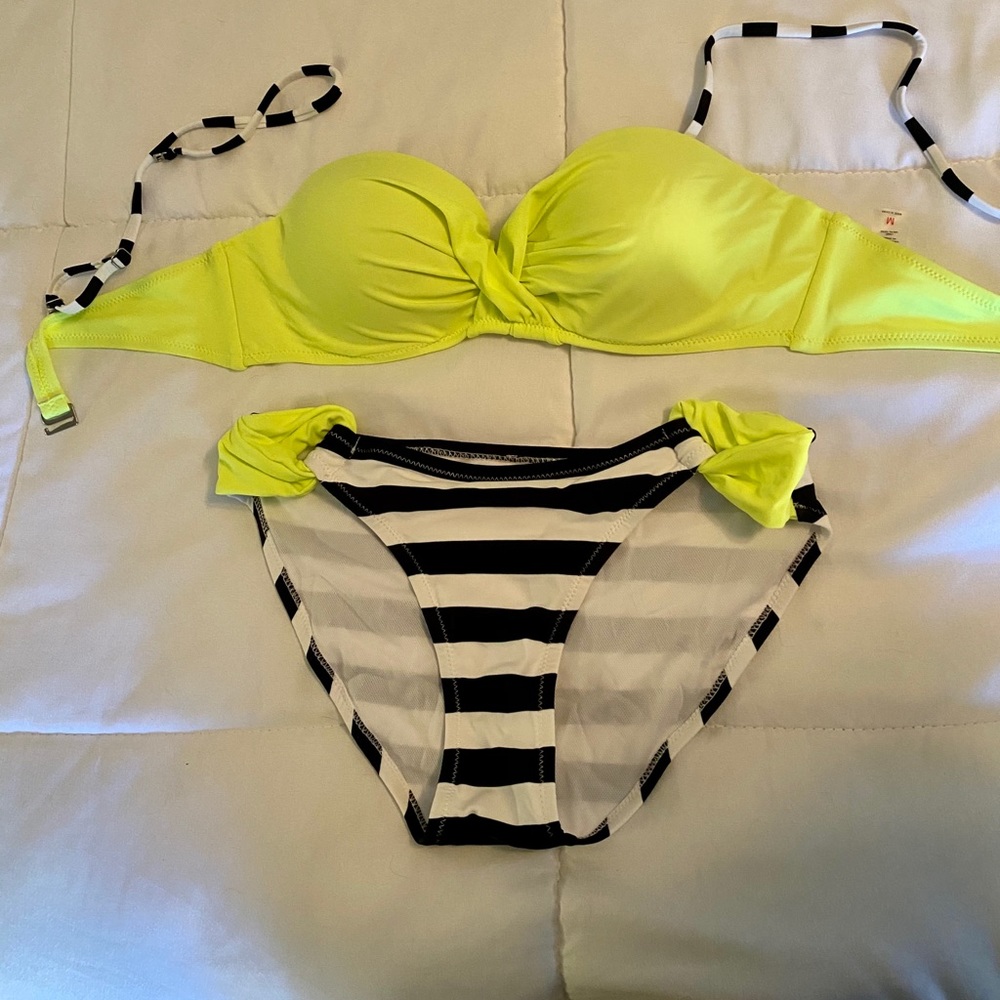Yellow and black and white striped swimsuit